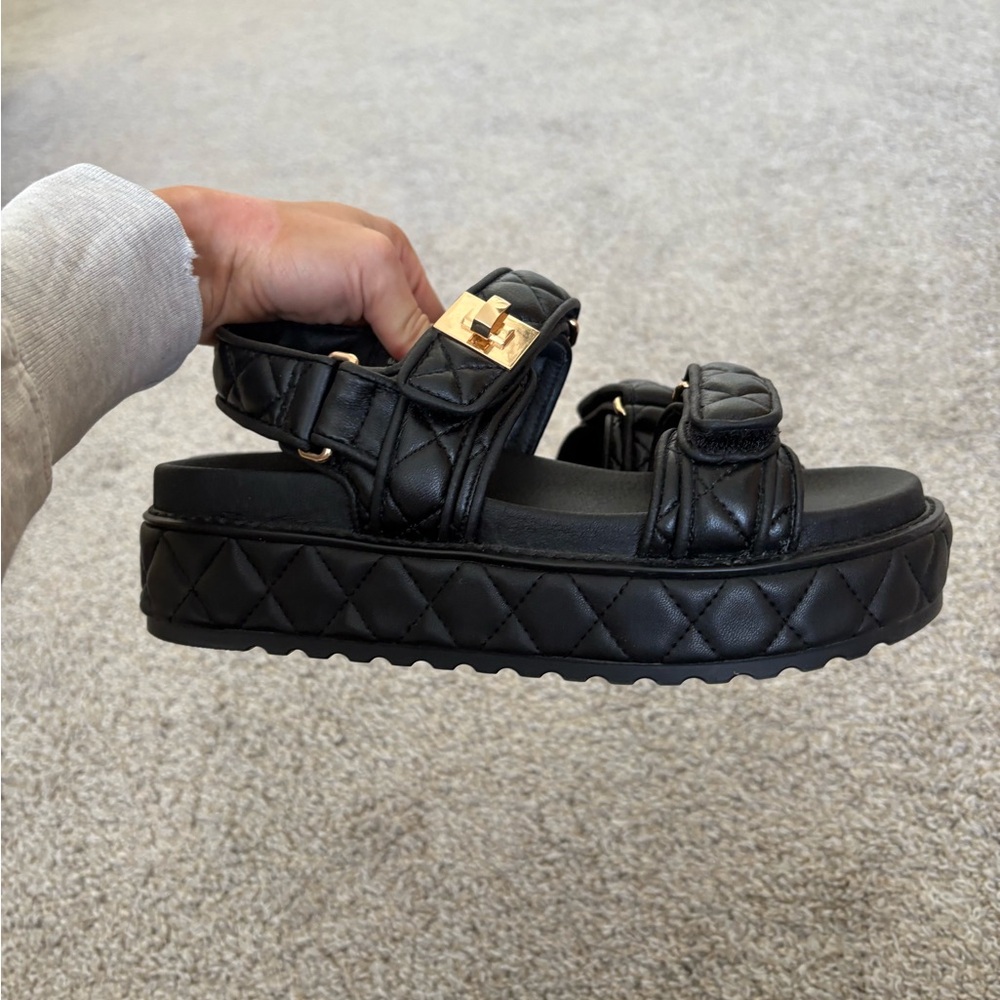 Steve Madden Black Quilted Sandals with Gold Buckle